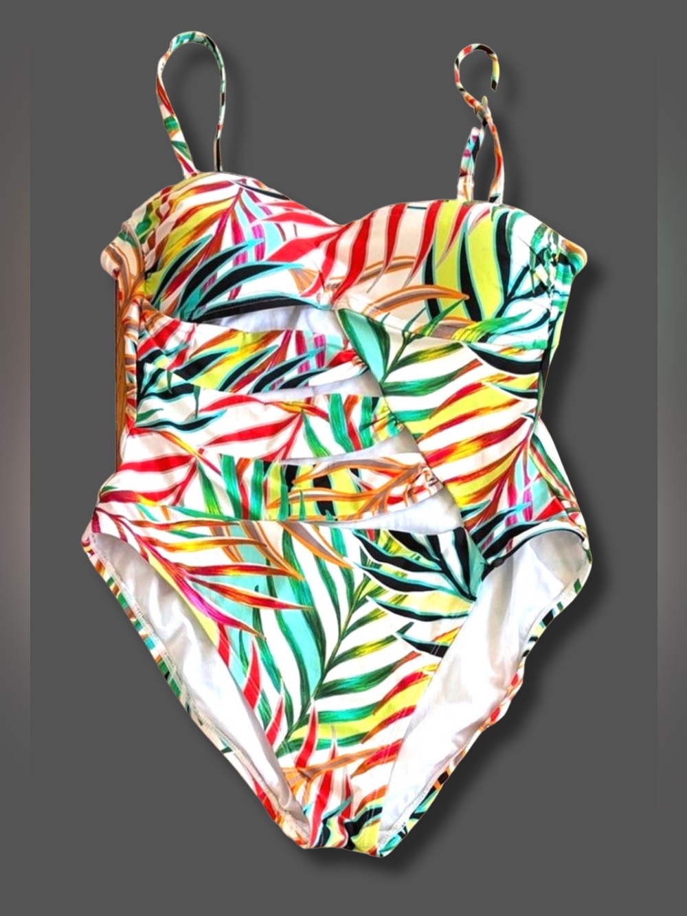 Kenneth Cole Reaction Tropical Cutout One Piece Swimsuit L Side Cut Palm Print